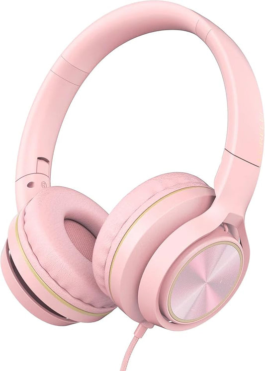 LORELEI S9 Wired Headphones with Microphone for School，On-Ear Kids Headphones for Girls Boys，Folding Lightweight and 3.5mm Audio Jack Headset for Phone, Ipad，Tablet, PC, Chromebook (Pearl Pink)