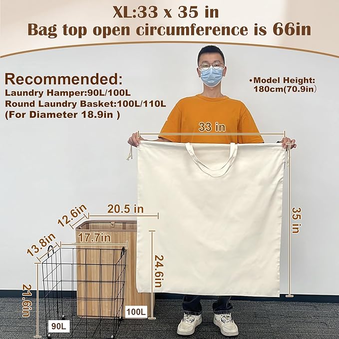 Canvas Laundry Bag 33"x 35", Thick Cotton Laundry Bag with Handles & Drawstring, Extra Large Heavy Duty Washable Basket Liner Hamper Liner Canvas Storage Sack (Beige XL, 1 Pack)