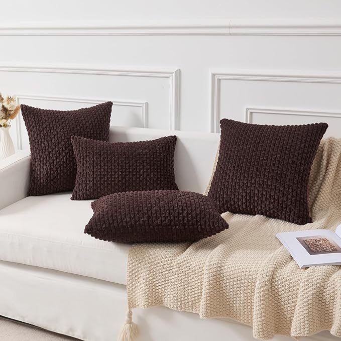 Kevin Textile Decorative Pillow Covers Set of 2 Striped Plush Corduroy Pillows Pillowcases Boho Home Decor Cushion Covers for Couch Sofa Bed Living Room 20x20 Inch, Coffee