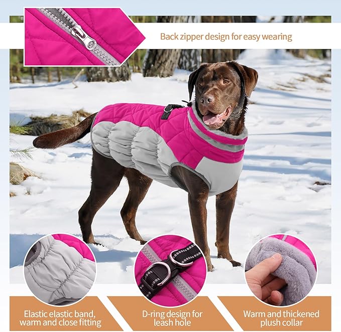 OUOBOB Small Dog Coat,Dog Jackets for Small Dogs,Warm Winter Jacket, Puppy Coat with Harness Built in,Waterproof Dogs Jacket,Puppy Cold Weather Coats,Winter Clothes Snowsuit Shih Tzu Bichon,Rose Red