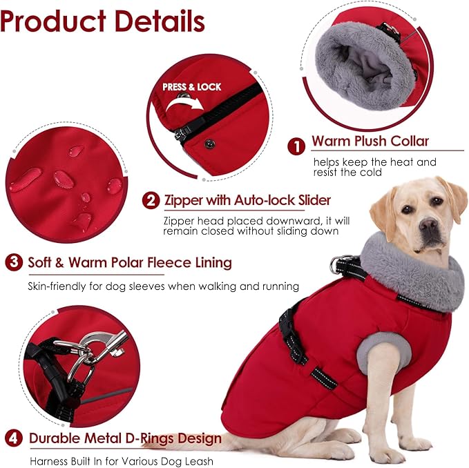 AOFITEE Dog Coat for Large Dogs, Warm XL Dog Jacket Winter, Pet Winter Coat with Harness Built in, Fleece Puffer Jacket Waterproof Reflective Snowsuit for Extra Large Dogs, Christmas Red XL