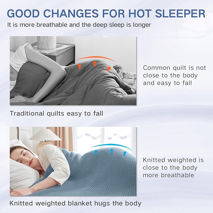 Guohaoi Knitted Weighted Blanket for Adults (Haze Blue 60"x80" 12lbs) No Beads Cooling Throw Blanket for Hot Sleepers, Home Decor Breathable Chunky Knit Heavy Blanket Use on Queen/King Size Bed