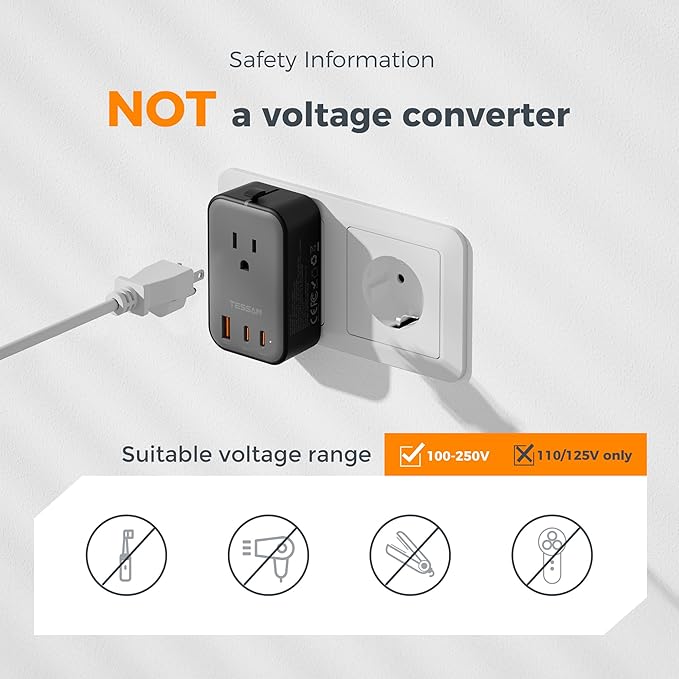 TESSAN Travel Adapter PD 20W, International Power Adapter 2 USB C 1 USB A, Ultra Thin Universal Plug Adaptor Worldwide Outlet for US to European UK Italy Spain New Zealand (Type C G A I)