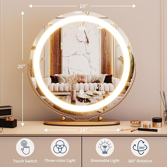 GarveeHome 19 in Vanity Mirror with Lights, Round Large LED Vanity Mirror with Smart Touch 3 Colors Dimmable, Touch Lighting, 360° Rotation for Dressing Room & Bedroom Tabletop, Easy Assembly(Gold)