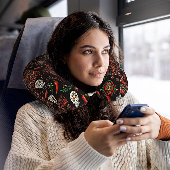 Funny Neck Pillow Support for Car Flight Rest Mexican Style Sugar Skull Traditional Paisley, Memory Foam U Shaped Decor Head Cushion for Home Outdoors Travel