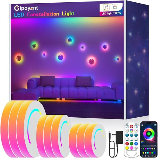 GIPOYENT Smart Wall Light, 9-Piece LED DIY Constellation Light, RGB Color Changing, Music Sync, App & Remote Control, Ambient Lighting for Bedroom, Living Room, Gaming, and Home Decor