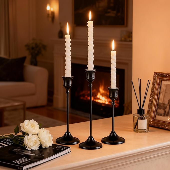 Taper Candle Holders, Tall Vintage Metal Candlestick Holders, 12 PCS Black Candle Sticks Holders for Home Decor Table Centerpiece Wedding Housewarming Festival, Black, 4 Sets (12 pcs)