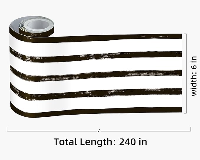 FLFK Wallpaper Border - Black and White Striped Wall Borders Decal Peel and Stick Trim 6" x 240"