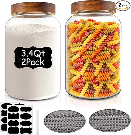Glass Flour Container Set of 2, Large Glass Canisters with Airtight Lids,Pantry Jar with Anti-Slip Mat and Label,Food Storage Jars for Flour,Sugar,Cereal,Rice,Pasta,Oats, Coffee Beans(3.4 QT/3200 ml)