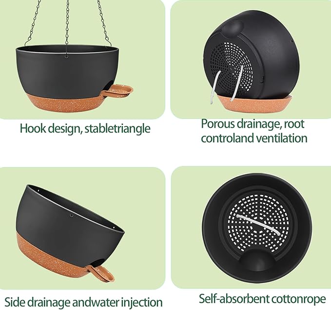 12 inch Hanging Planters for Indoor Outdoor Plants, 2 Pack Self Watering Hanging Planter with Drainage Holes and Saucer, Plastic Hanging Flower Pots with Chains for Kitchen, Balcony, Garden