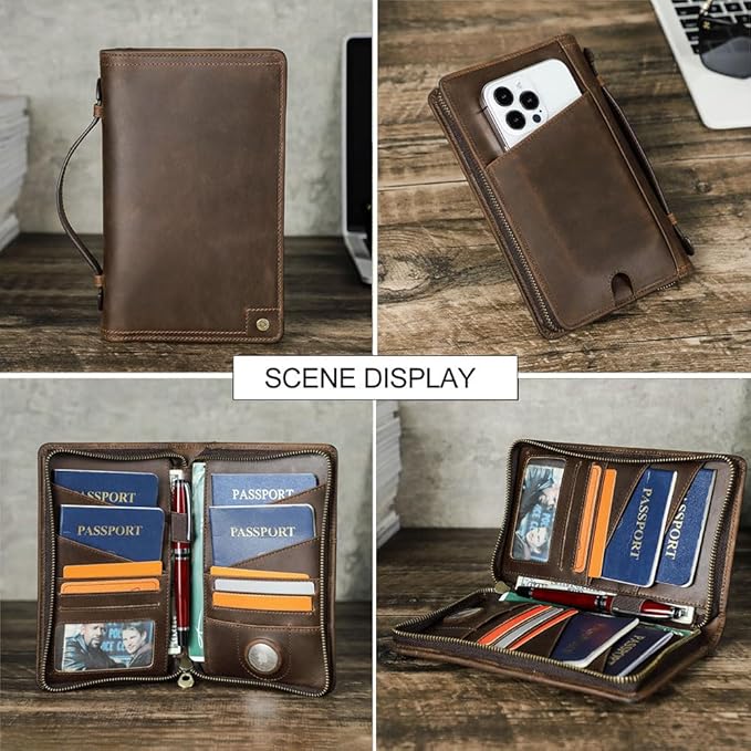 CONTACTS Full Grain Leather Travel Passport Holder for 4 Passports with Airtag Slot Family Passport Wallet RFID Blocking Passport Organizer