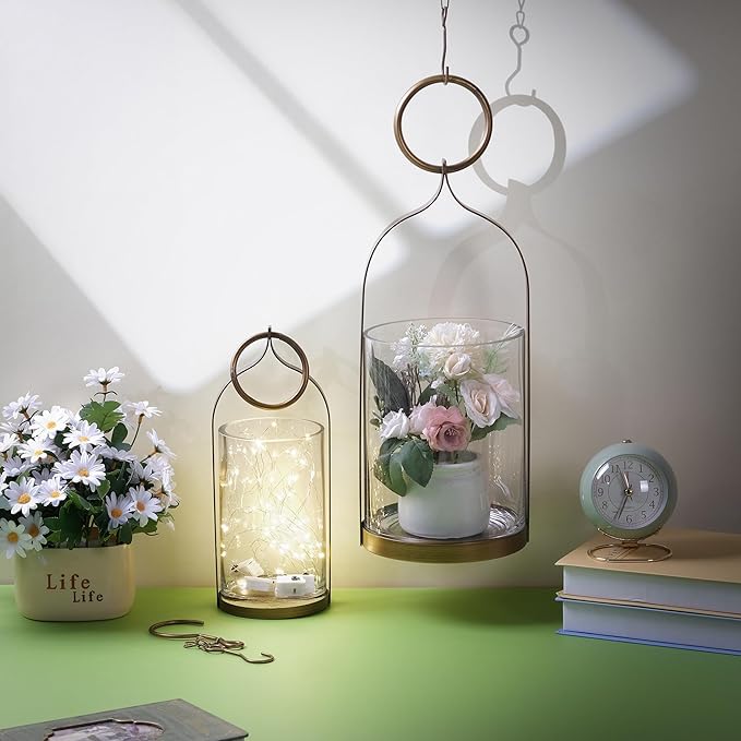 4" & 6" Wide Handmade Sturdy Glass Cylinder Jar with Metal Stand in Antique Brass, Display Glass Container for Candles and Plants, Hurricane Lantern, Candle Holder, Industrial, Farmhouse, Outdoor