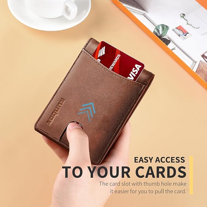 RUNBOX Slim Wallet for Men Genuine Leather RFID Blocking Bifold Minimalist Front Pocket Mens Wallet with Money Clip Thin Gift Box