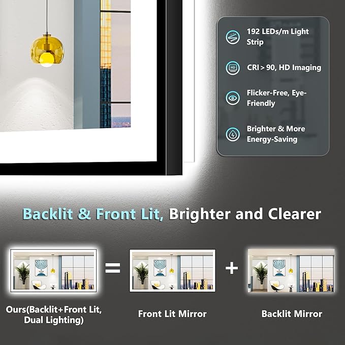 72x40 Inch Black Framed LED Bathroom Mirror with Lights, Backlit & Front Lit, Anti-Fog Lighted Vanity Mirrors for Bathroom Wall, Dimmable, 3-Color Light, Memory, Shatter-Proof, Tempered Glass