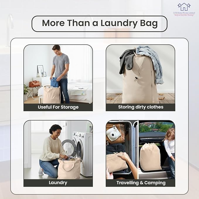 LFH Home Large Premium 100% Cotton Canvas Laundry Bag with Drawstring and Handles Heavy Duty, Multi-Use, and Washable for Home, Travel, College or Storage 20x30 (Pack of 4)-Natural