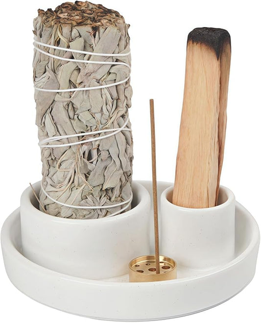 4 in 1 Incense Holder, Ceramic Incense Stick and Palo Santo Holder,Sage Holder for Burning- 4.25" Ceramic Ash Catcher Tray for Meditation and Yoga Room (White)