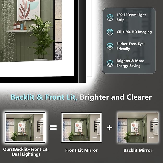 48x38 Black Framed LED Bathroom Mirror with Lights, Backlit + Front Lit, Anti-Fog Lighted Vanity Mirror for Bathroom Wall with 3 Colors, Dimmable, Memory, Tempered Glass, Horizontal/Vertical