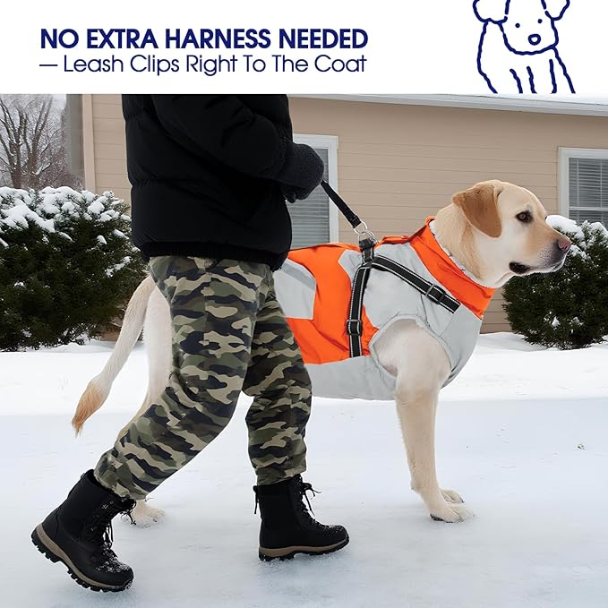 FUAMEY Dog Winter Jackets for Large Dogs,Dog Coat with Harness Built in,Waterproof Dogs Snowsuits Warm Pet Jacket Zip Up Fleece Cold Weather Coats Reflective Safety Pets Hunting Vest Orange XL