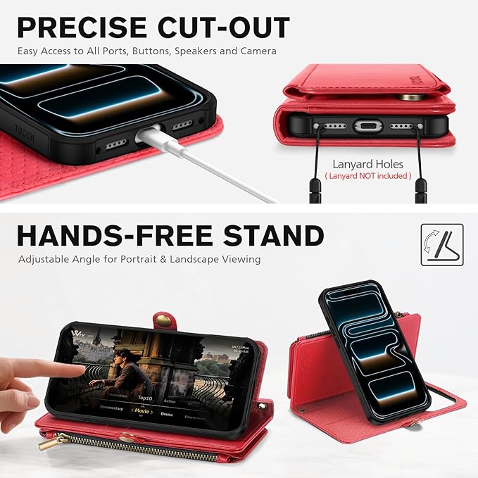 TUCCH Detachable Crossbody Wallet Case for iPhone 17 Pro 6.3", 9 Card Slots RFID Blocking | Stand | Lanyard Wrist Strap | Wireless Charging | Zipper Pocket | PU Leather Magnetic Flip Cover | Red