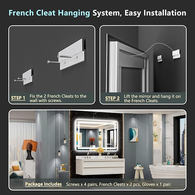 48x40 LED Bathroom Mirror with Lights, Backlit and Front Lit, Anti-Fog Lighted Vanity Mirrors for Bathroom Wall, Dimmable, 3-Color Light, Memory, Shatter-Proof, HD Tempered Glass, CRI＞90