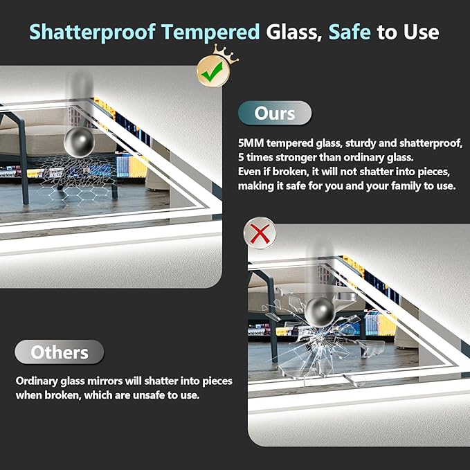 44x36 LED Bathroom Mirror with Lights, Backlit and Front Lit, Anti-Fog Lighted Vanity Mirrors for Bathroom Wall, Dimmable, 3-Color Light, Memory, Shatter-Proof, HD Tempered Glass, CRI＞90
