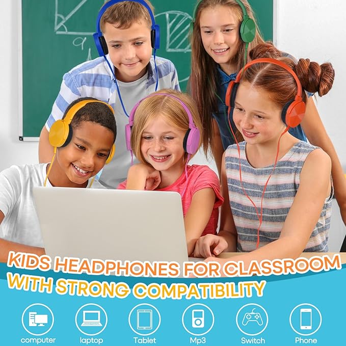 Classroom Headphones Bulk 10 Pack Multi Color for Kids School Students, Wholesale Class Set Durable Earphones for Children Toddler Teens Boys Girls Adult Chromebooks Laptop Computer(LS450, 10 Mixed)