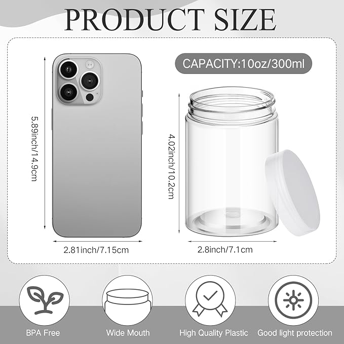 SATINIOR 12 Pack Plastic Container Jars with Lids Round Clear Travel Cosmetic Container Jars for Toiletries, Lotion, Cream, Ointments, Makeup, Rhinestone, Samples, Kitchen Storage(10 oz,Clear)