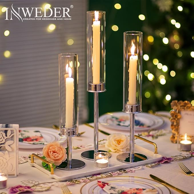 Hurricane Taper Candle Holders: Silver Glass Candlestick Holder Tall Candle Sticks Holder Decor with Glass Cover for Wedding Table Centerpiece Party Birthday Christmas Home Mantel Set of 6