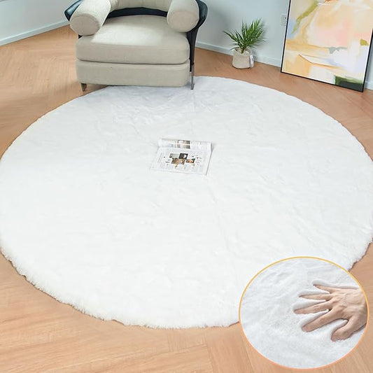 White Fluffy Round Rug 5ft for Bedroom Circle Faux Rabbit Washable Fur Area Rugs for Living Room Nursery Rug