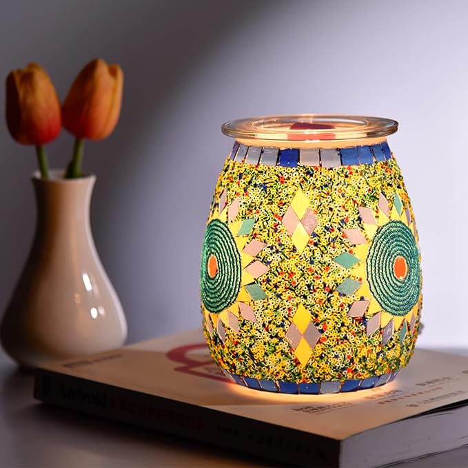 Dicimi Electric Wax Melter, Mosaic Stove Burner, Glass Essential Oil Stove Wax Tart Burner Fragrance Night Light Aromatic Decoration for Home Office Bedroom Living Room Decoration Present (Sunflower)