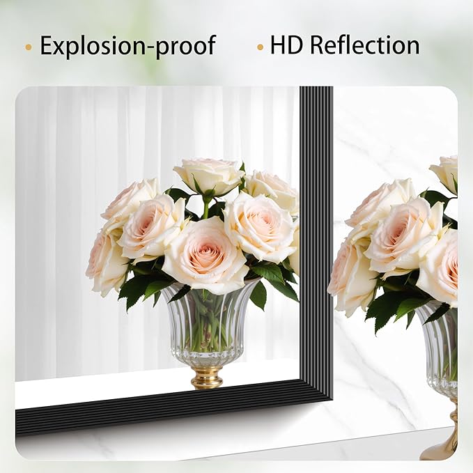 Black Bathroom Mirror 60 x 24 Inch Rectangle Wave Beveled Frame for Wall Bathroom Vanity Mirror for Over Sink, Tempered Glass,for Entryway Hangs, Bathroom Living Room Horizontal or Vertical
