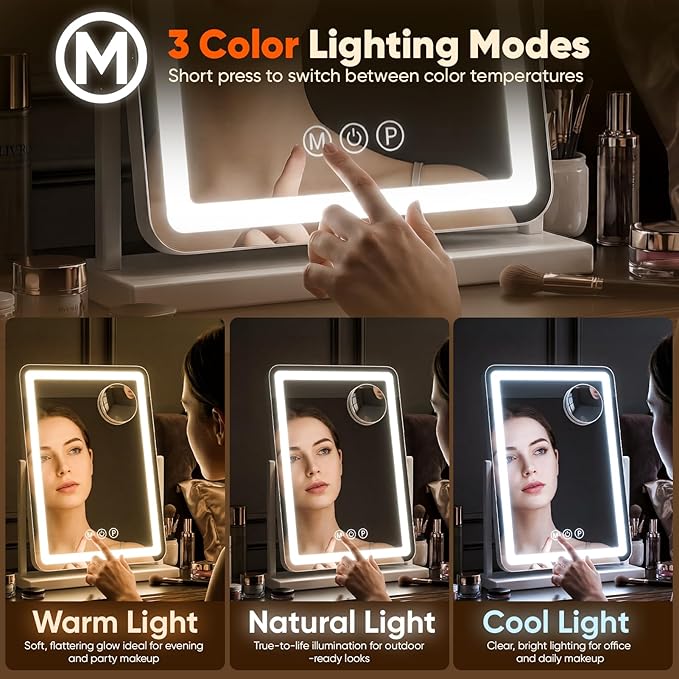 Antok Vanity Mirror with Lights, 33"X23" Lighted Makeup Mirror, Smart Touch, 3 Color Modes and Brightness Adjustable, LED Vanity Mirror with Detachable 10X Magnification, 360° Rotation for Makeup Desk