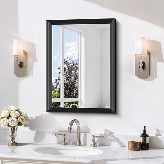 Black Bathroom Mirror 18 x 24 Inch Rectangle Wave Beveled Frame for Wall Bathroom Vanity Mirror for Over Sink, Tempered Glass,for Entryway Hangs, Bathroom Living Room Horizontal or Vertical