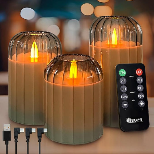 Rechargeable Flameless Candle, Flashing LED Pillar Real Wax Candle with Remote Control and Timer, Green Pumpkin Glass Electronic Candles for Room Decoration, 1 Set of 3