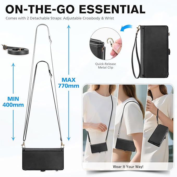 TUCCH Crossbody Detachable Wallet Case for iPhone 17 (6.3") 2025, 9 Card Slots RFID Blocking | Wireless Charging | Wrist Strap | Lanyard | Stand | Zipper Pocket | PU Leather Shockproof Cover | Black