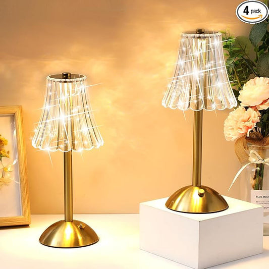 Liliful 4 Pcs Cordless Table Lamp Rechargeable Touch LED Small Gold Portable Battery Operated USB-c Desk Lamp 3 Color Dimmable for Bedroom Living Room Dining (Gold,Rose Style)