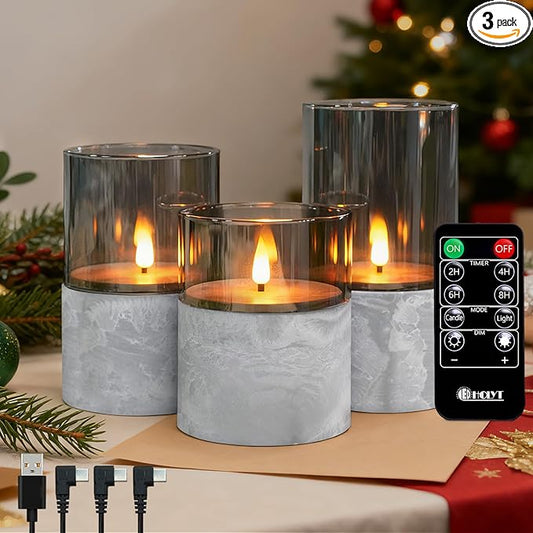 Rechargeable Marble Flameless Candles, Gray Glass LED Pillar Candle with Remote & Timer,Decorative Candles for Living Room, Bedroom, Holiday Décor & Gifts for Women,Set of 3