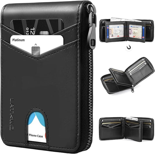 Men’s RFID Blocking Zipper Large Dimensions Wallet with 2 ID Windows - Large Capacity Design, 13 Credit Card Slots