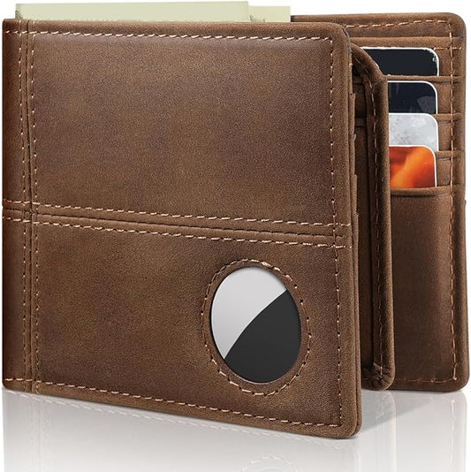 Mens Wallet With AirTag Holder, Bifold Leather RFID Blocking 1-2 ID Windows 12-13 Card Holders, Gift Box and Screen Protector Included, AirTag Not Included