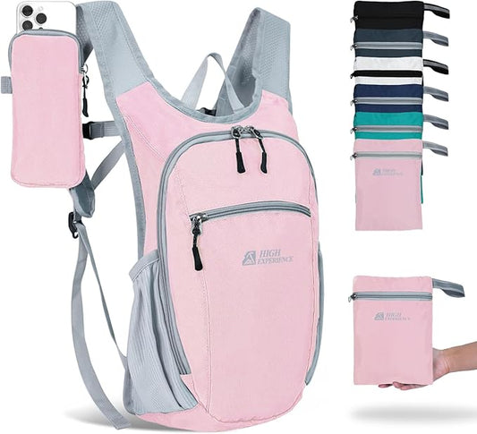 HIGH EXPERIENCE Hiking Backpack 10L/15L Small Daypack Lightweight Packable Travel Foldable Water Resistan for Women Men (Pink, 10L)