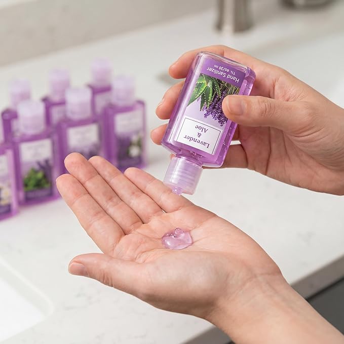 Frienda 24 Pcs Mini Hand Sanitizers Bulk Travel Size Lavender Scented Hand Sanitizers 1 Fl oz Pocket Sanitizing Moisturizes Cleans Hands for Guest Adults Family Office Travel Christmas Party Gifts