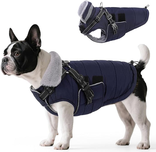 Queenmore Winter Dog Jackets for Medium Dogs with Harness Built-in, Waterproof Puffer Jacket for Snow/Cold Weather, Pet Warm Coat for Doggie Boy/Girl - Fleece Lining Reflective Easy-on, Navy M