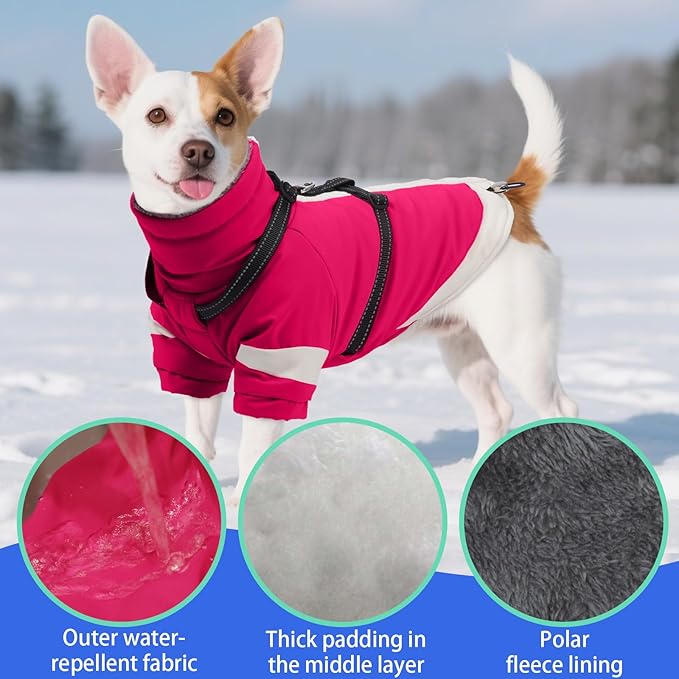 MIGOHI Snowproof Dog Jacket with Harness Reflective Small Dog Coat with Sleeves,Waterproof Fleece Winter Puffer Jacket for Dogs,Turtleneck Puppy Coats for Dogs Chilly Day,S,Rosered