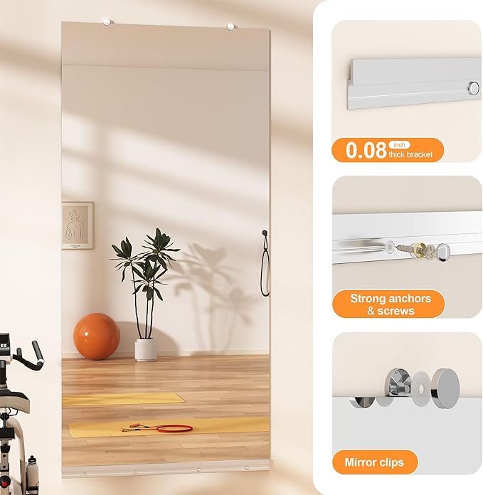 Hasipu Home Gym Mirror, 95"x40" Each, 1-Pack Frameless Wall Mounted Mirrors with Glass Clamps & 1 Aluminum Rail, Large Body Mirror for Home Gym, Yoga Studio, Bedroom, Silver Tempered Glass