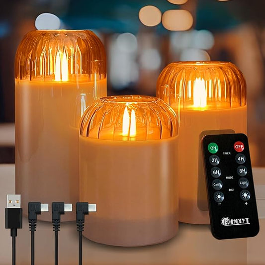 Rechargeable Jar Flameless Candle, Flashing LED Pillar Real Wax Candle with Remote Control and Timer, Black Pumpkin Glass Electronic Candles for Room Decoration, 1 Set of 3