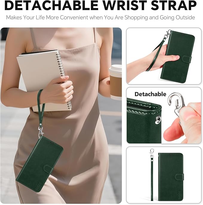 TUCCH Compatible with iPhone 17 Pro (6.3") Detachable Wallet Case with 4 Card Holder, Wireless Charging PU Leather Flip Folio with RFID Blocking Stand Wrist Strap Shockproof Phone Cover, Evergreen