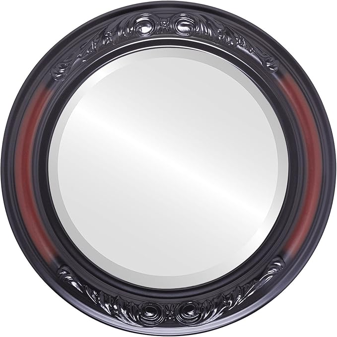 OVALCREST Round Beveled Wall Mirror for Home Decor - Florence Style - Rosewood - 28x28 Outside Dimensions