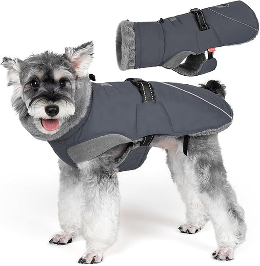 KYEESE Waterproof Dog Coat, Windproof Warm Winter Jacket with Thick Fleece Lined, Turtleneck Dog Coats for Small Dogs with Leash Hole, Reflective Outdoor Cold Weather Coat, Gray, Medium