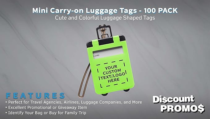 100 Mini Carry-on Luggage Tags Pack - Customizable Text, Logo - Flip Open Cover, ID Sticker - Lime Green