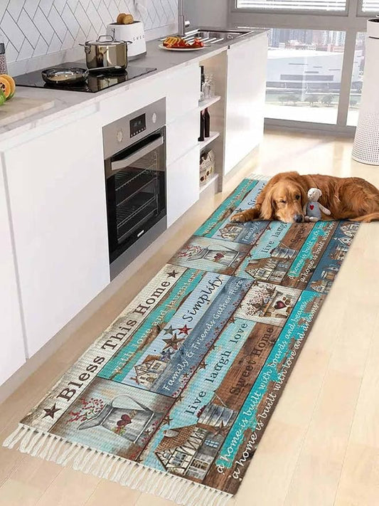 Turquoise Blue Brown Kitchen Hallway Runner Rug 2X5 Ft Carpet, Washable Woven Vintage Barn Rustic Cabin Throw Carpet with Tassel, Non-Shedding Country Star Farm Wooden Plank Entryway Laundry Rugs